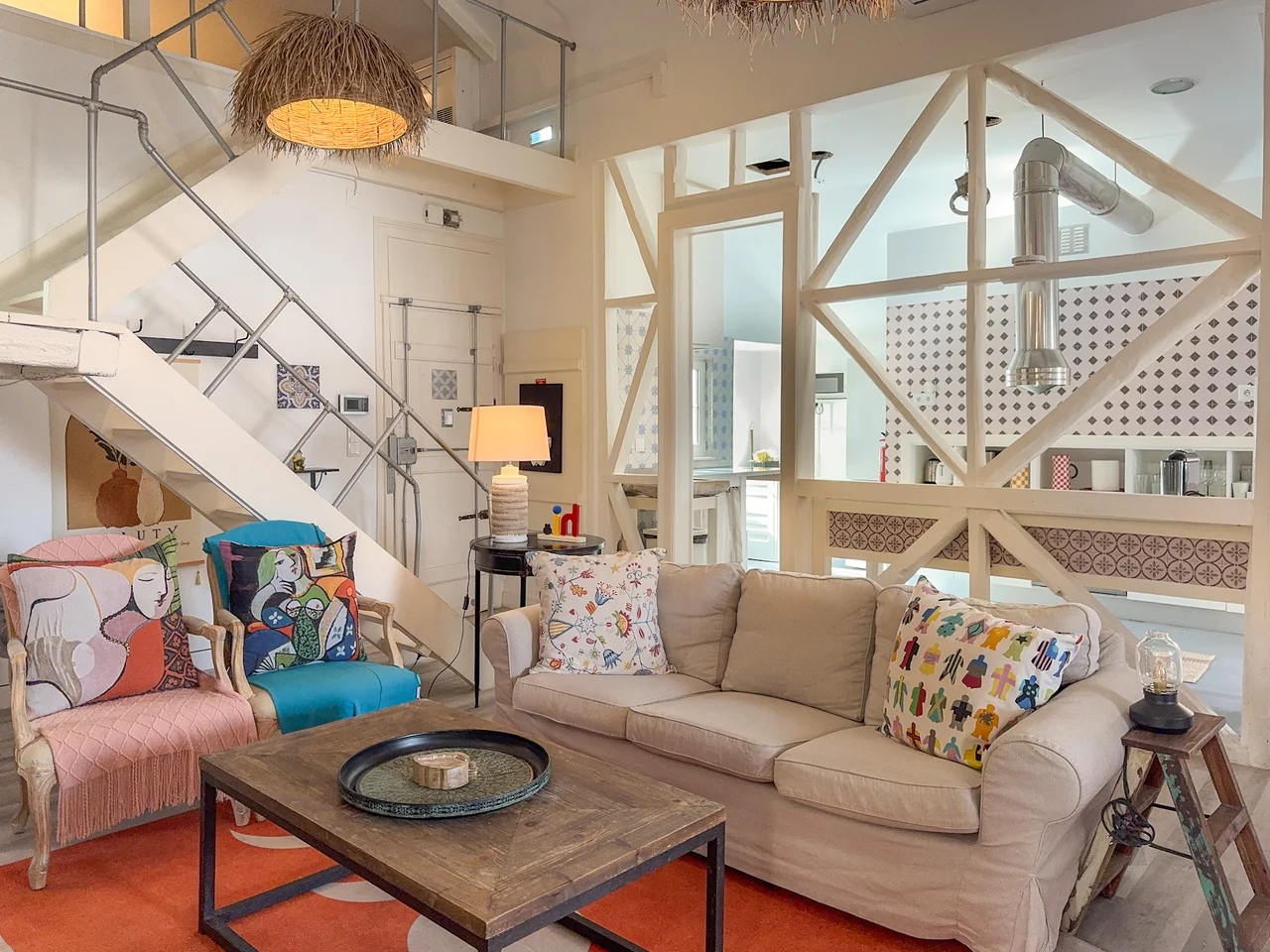 Living room with mezzanine staircase and Pombaline timber frame
